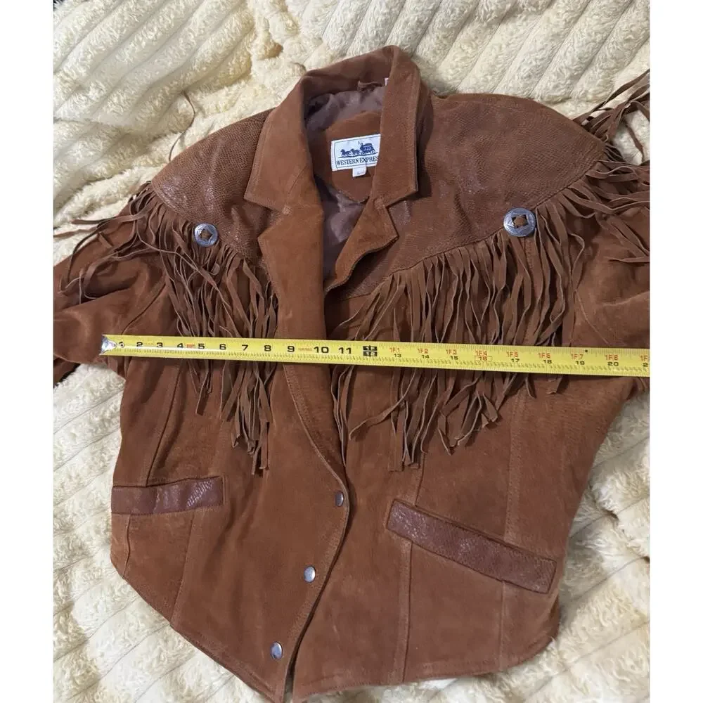 Women’s Vintage 80’s Fringe Leather Jacket Brown Western Express Size Large - Picture 10 of 16